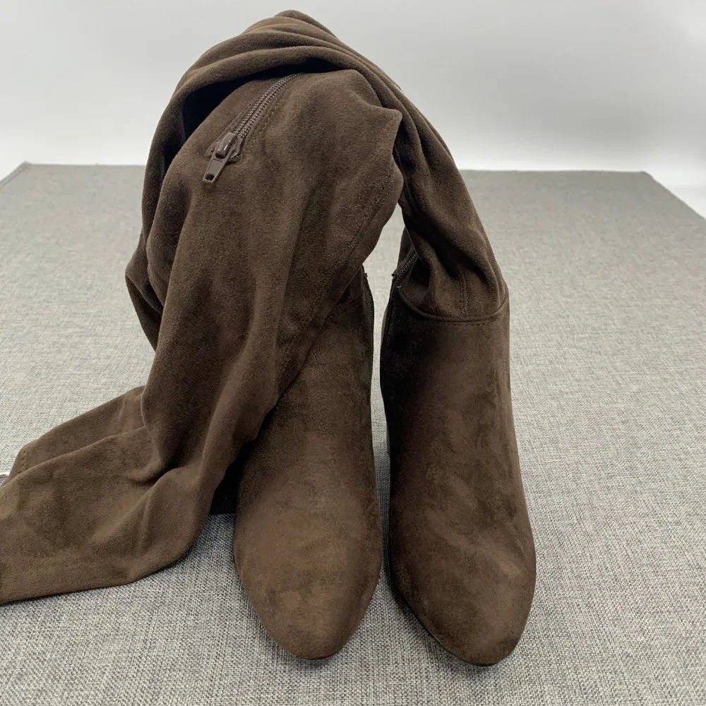 Shoe Dazzle Over The Knee Sexy Suede‎ Boots Brown Zipper Block 3.25